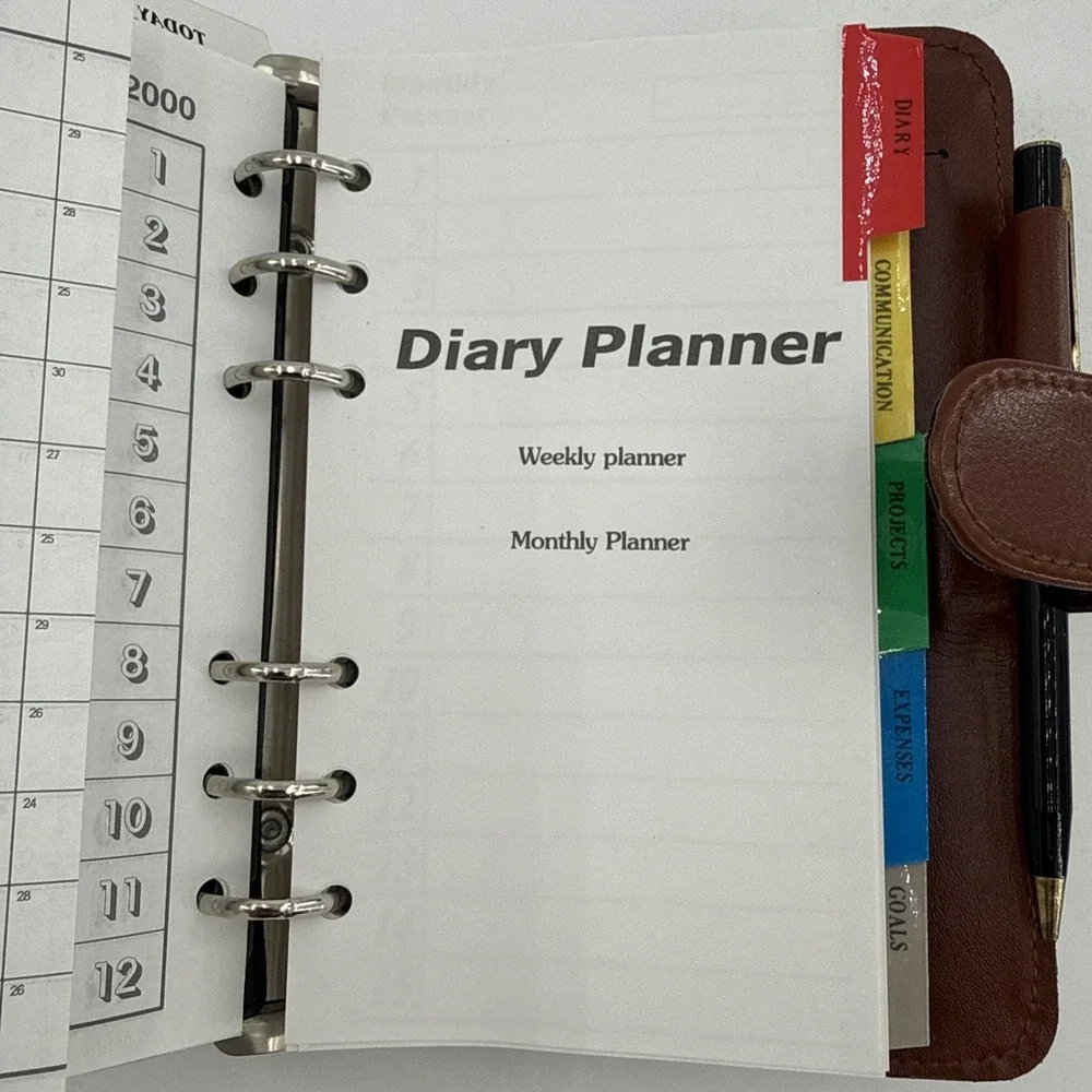 Vtg Diary Planner Binder Notebook, Reusable Leather Journal Weekly Monthly NOS
